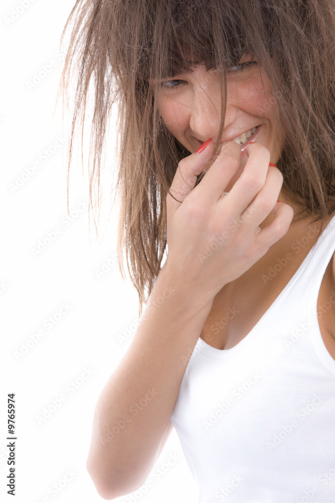 Beautiful woman in white blouse smiling over white