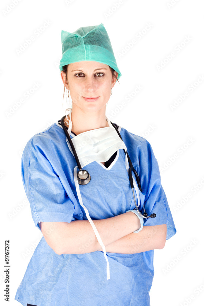 Attractive female nurse in scrubs with stethoscope Attractive female nurse in scrubs with stethoscope