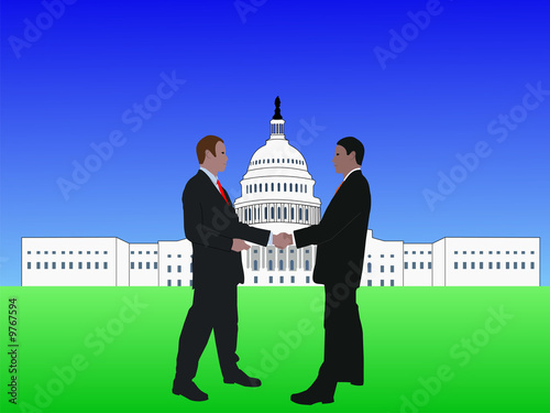 business men shaking hands with Capitol Building