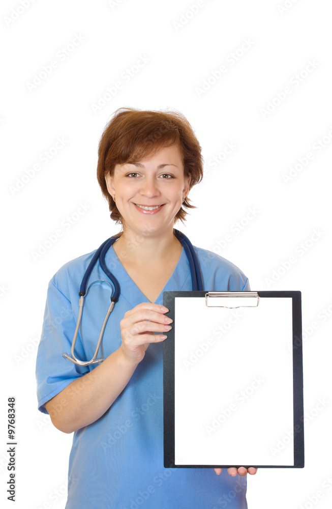 Doctor holding blank paper sheet isolated on white Doctor holding blank paper sheet isolated on white