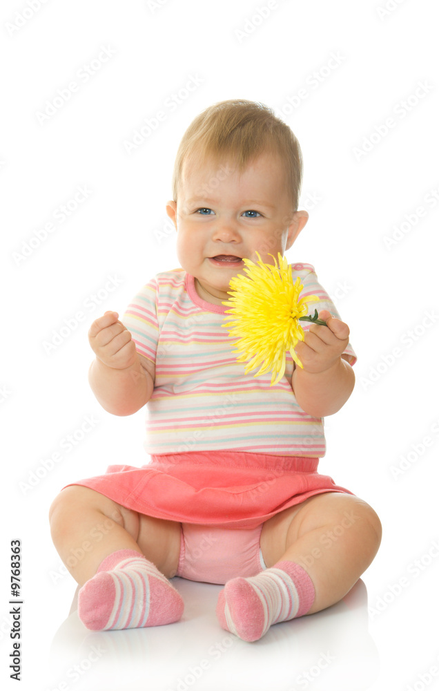 Sitting small baby with yellow flower #8 isolated Sitting small baby with yellow flower #8 isolated