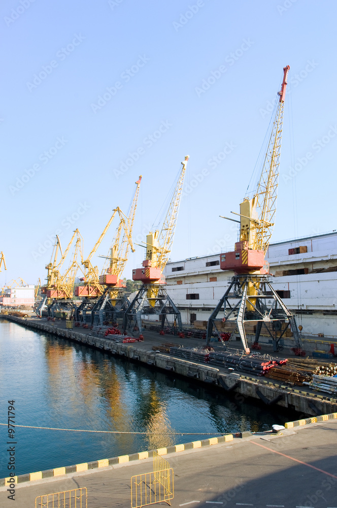 Cranes in the port ready to unload the cargo Cranes in the port ready to unload the cargo