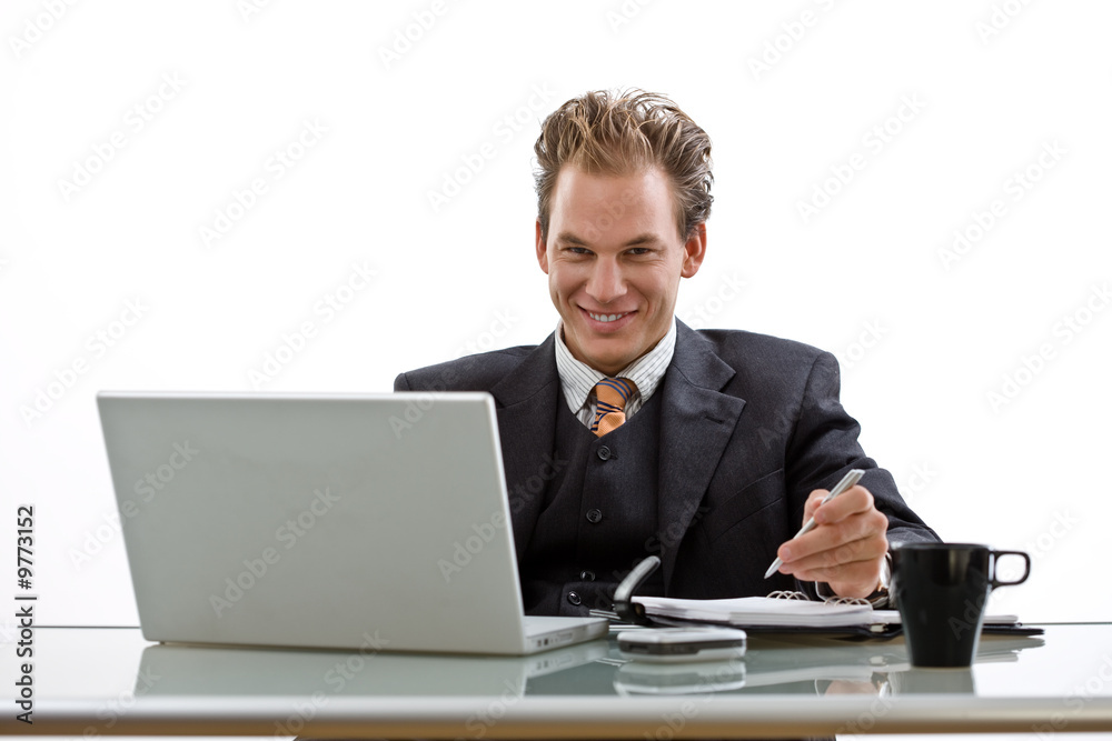 Businessman working on laptop computer, smiling, Businessman working on laptop computer, smiling,