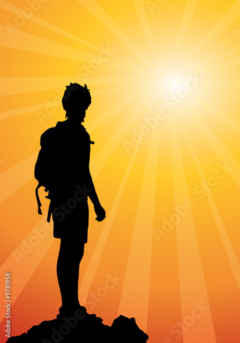 backpacker standing on top of mountain, vector illustration
