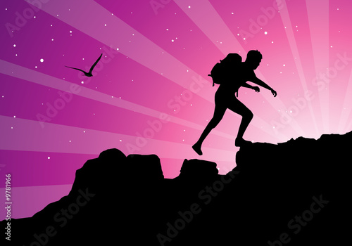 backpacker climbing on top of mountain, vector illustration