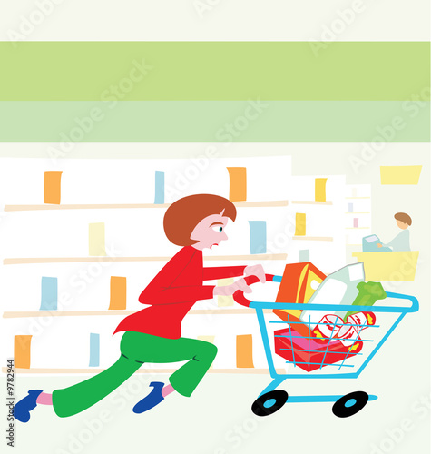woman running with a shopping cart filled with food © Thorvis