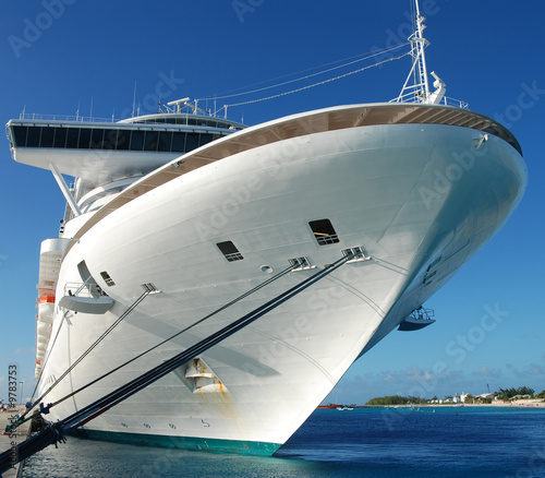 Front view of large ocean liner in port
