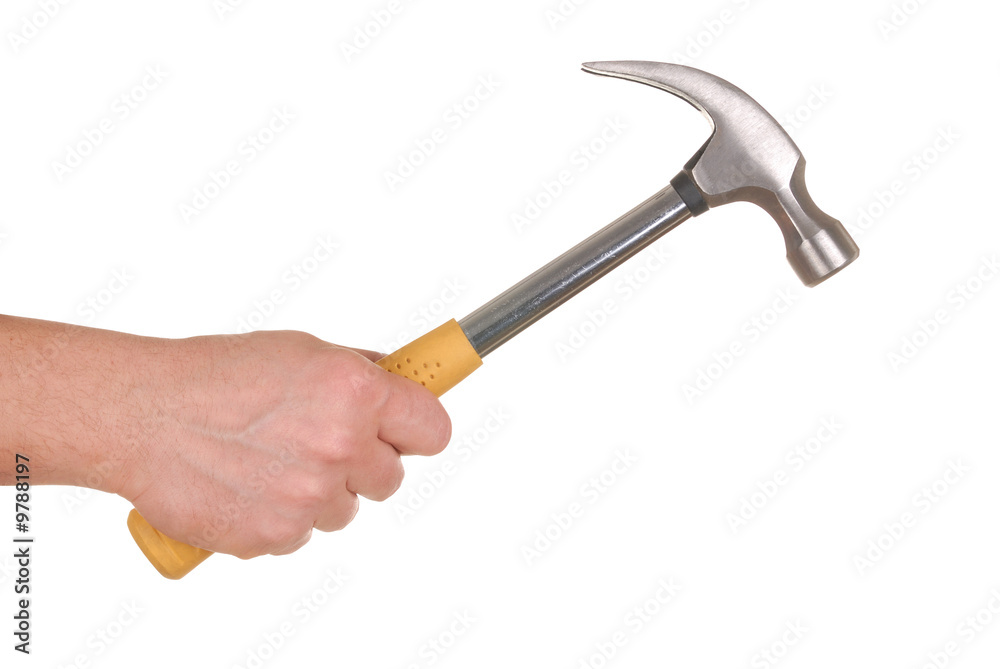 Hand holding hammer isolated on white background Hand holding hammer isolated on white background