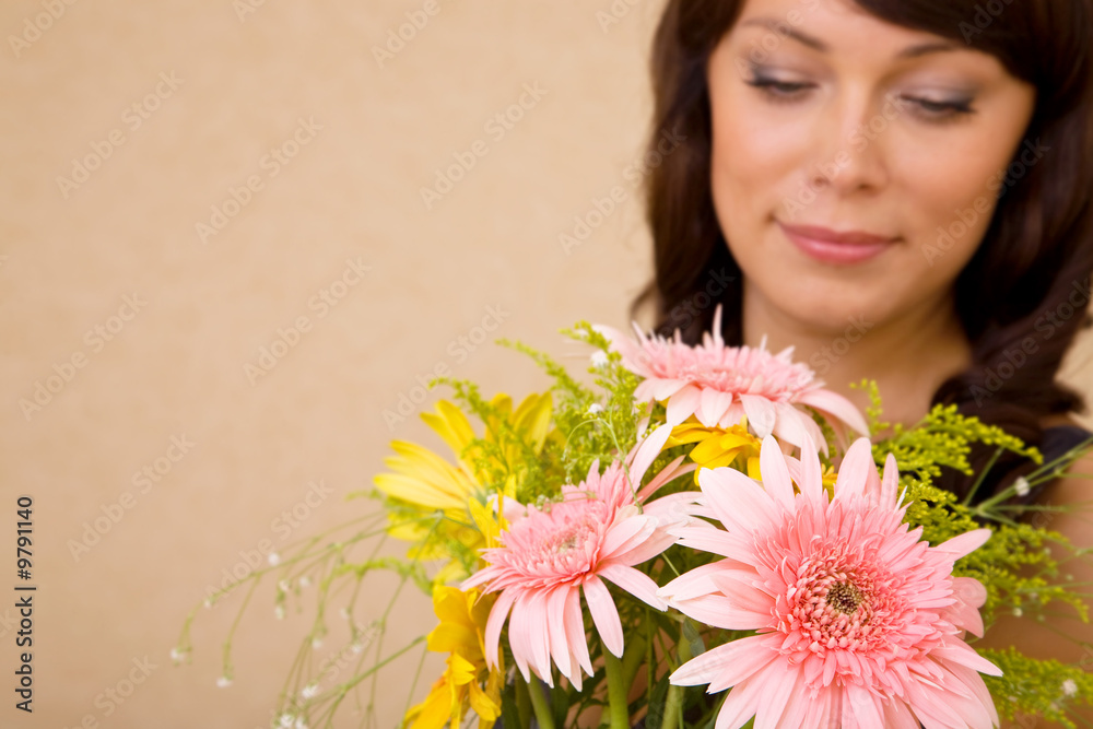 love concept with beautiful woman and colorful flowers love concept with beautiful woman and colorful flowers
