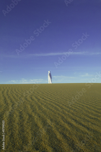 Silhouette of a nomad standing in the desert. photo