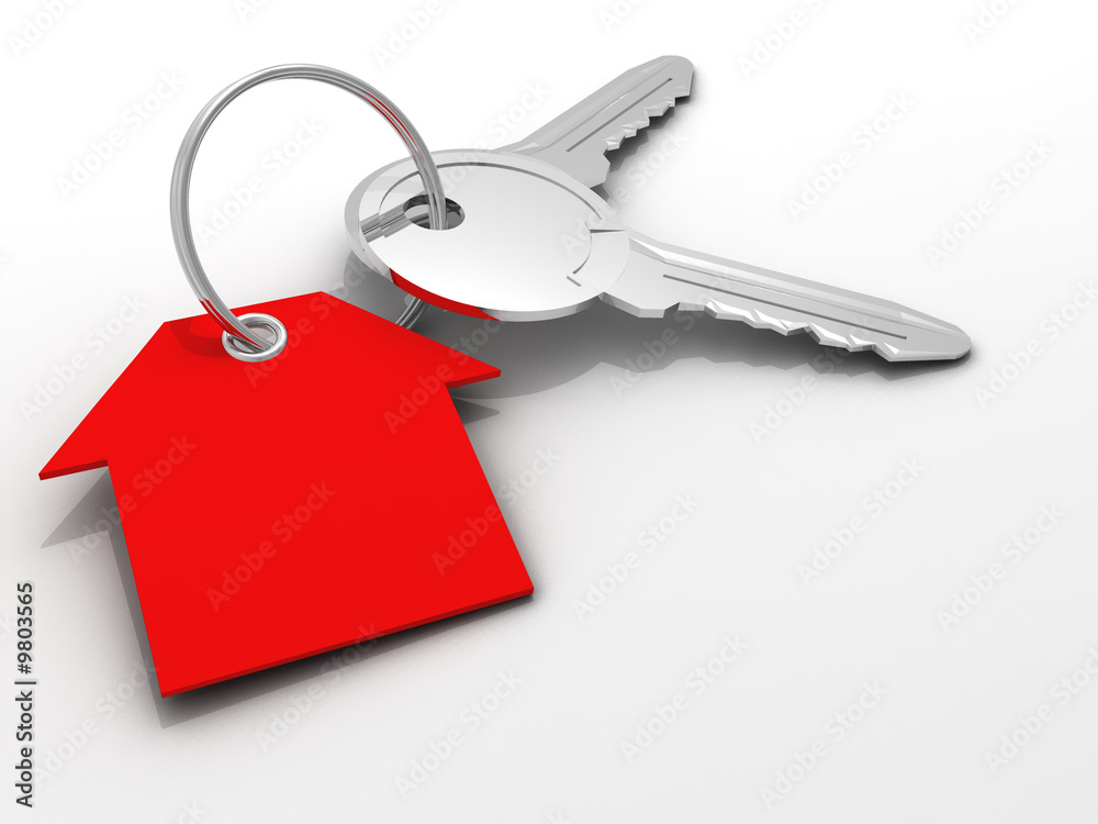 Extreme close-up of two keys with gift tag in house shape Extreme close-up of two keys with gift tag in house shape