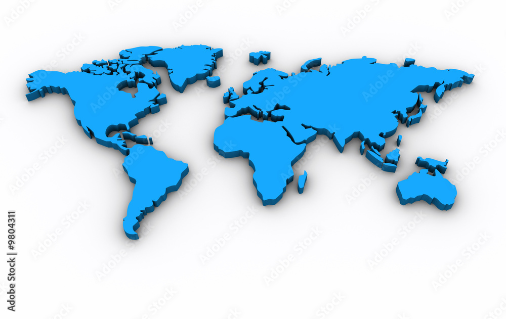 Conceptual blue world map on white background - 3d render