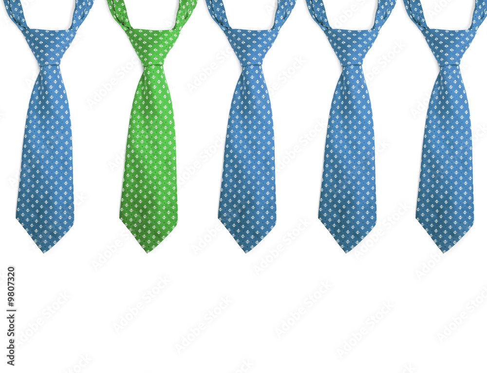 Four blue tie and a green one on white background