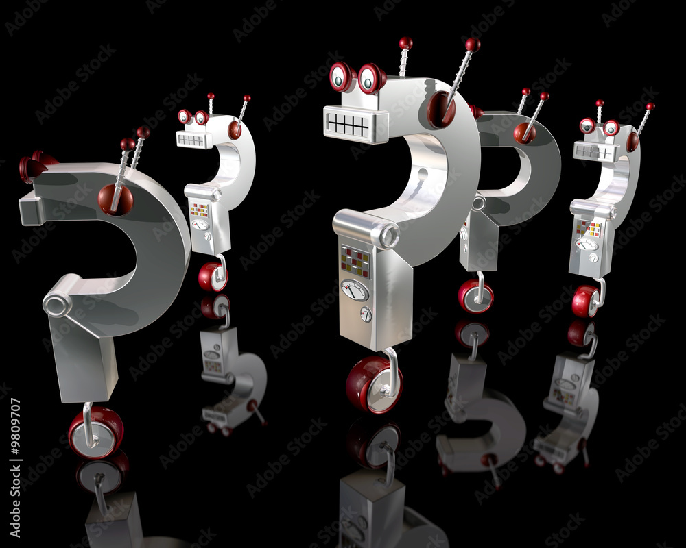 Illustration of robot question marks running around Illustration of robot question marks running around