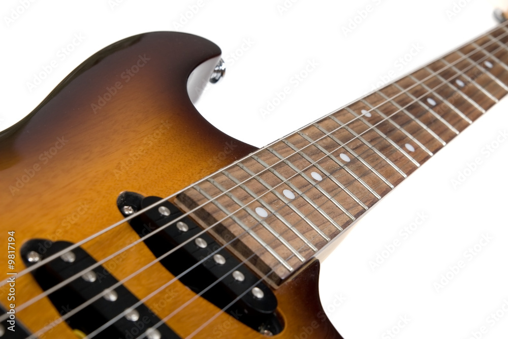 Part of colorful electric guitar isolated on white background Part of colorful electric guitar isolated on white background
