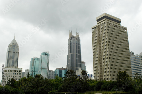 China, Shanghai. Modern skyscrapers surrounding People's Square