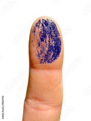 Human finger with blue fingerprint