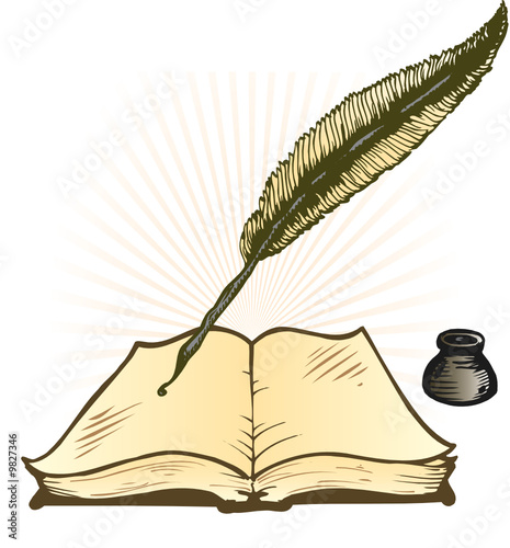 Quill Ink Pot and Open Book Vector Illustration