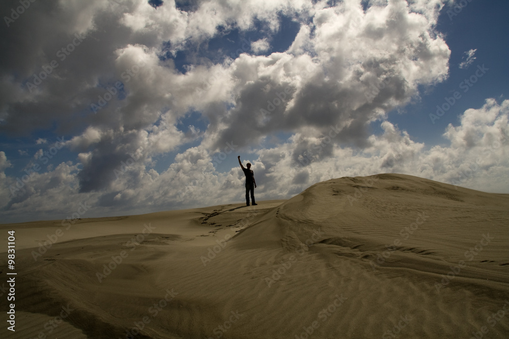 A lonely man standing on a sand dune