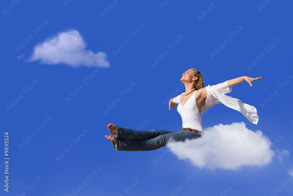 flight concept woman traveling on cloud flight concept woman traveling on cloud