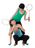 two girls with badminton racket isolated on white background