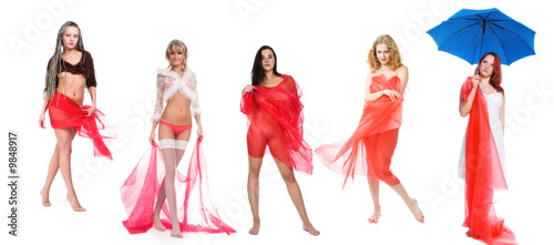 Five girls in red on a white background