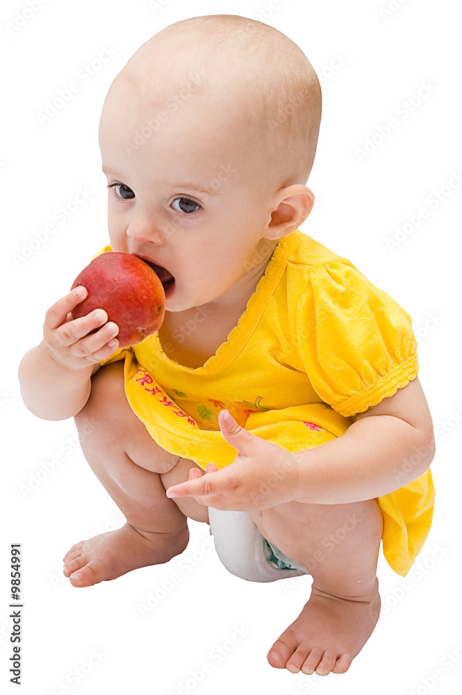 Little baby girl eats one peach, isolated on white Little baby girl eats one peach, isolated on white