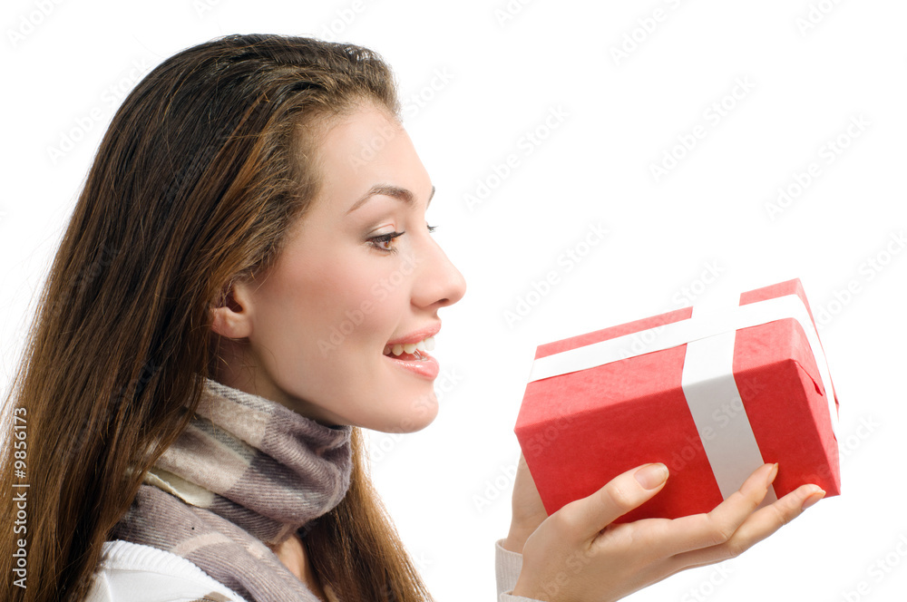 girl with Cristmass presents on white background