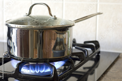 Fotografija A stainless steel pot on a gas stove