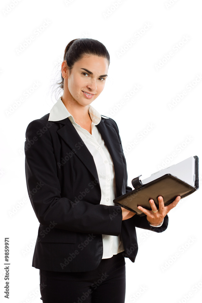 Happy businesswoman reading notebook, smiling, Happy businesswoman reading notebook, smiling,