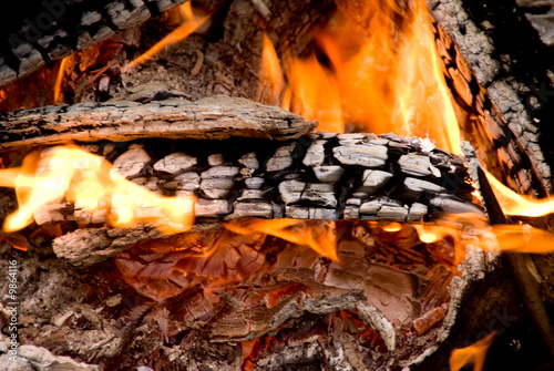 A blazing hot fire at an outdoor campsite. photo