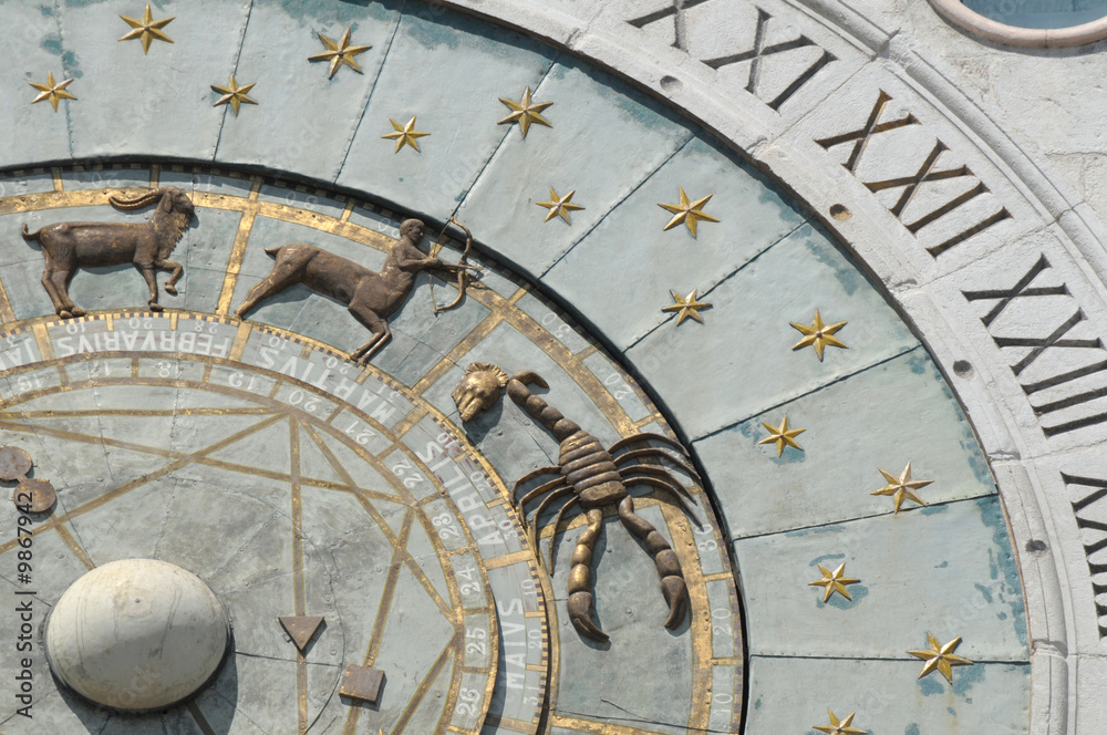 Italy, Padua: Ancient zodiacal wall clock detail
