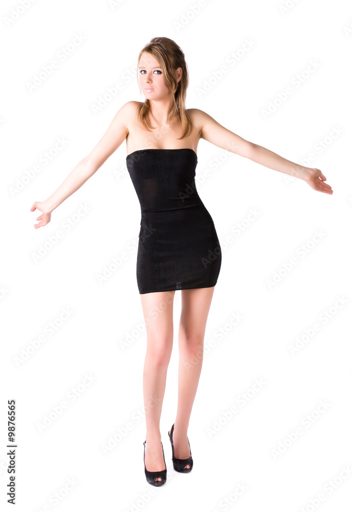 Fototapeta premium Young sexy woman shrug her shoulders. Isolated on white.