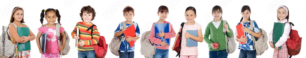 Many children students returning to school on a white background Many children students returning to school on a white background