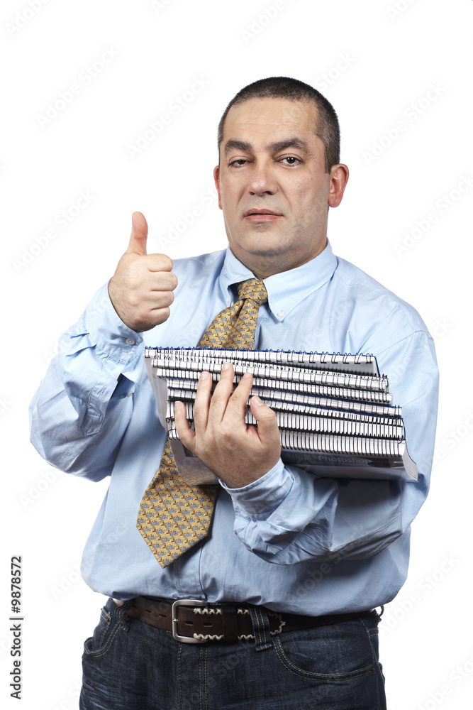 Busy business man carrying stacked files over a white background Busy business man carrying stacked files over a white background
