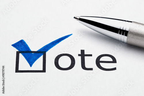 Blue checkmark on vote checkbox, pen lying on ballot paper.