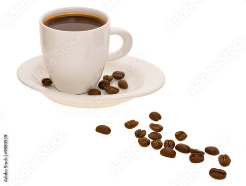 cup with coffee and grain expressed on white background