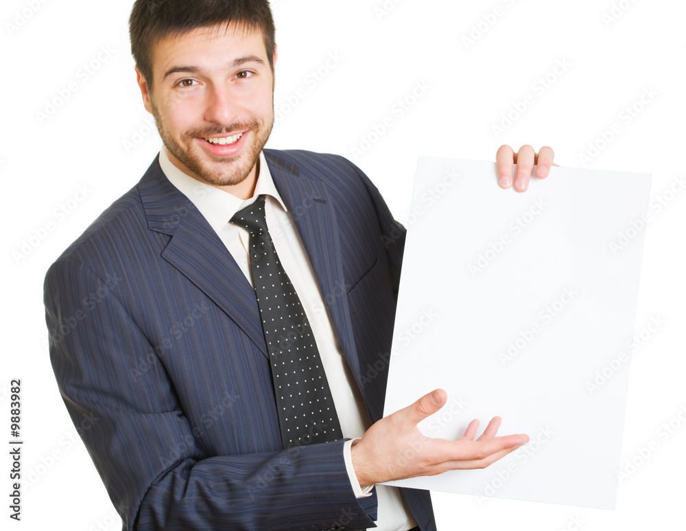 Portrait of businessman holding paper on a white background Portrait of businessman holding paper on a white background