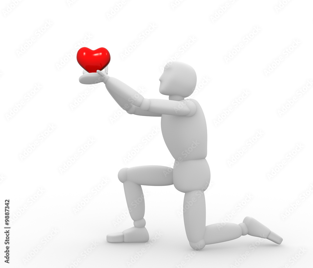 3D doll - puppet with red heart in hands 3D doll - puppet with red heart in hands