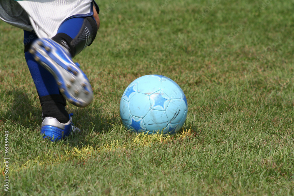 A soccer goalie attempting a kick from the corner of the box A soccer goalie attempting a kick from the corner of the box