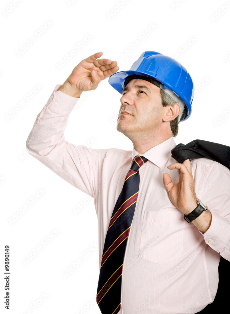 An engineer with blue hat, isolated on white An engineer with blue hat, isolated on white