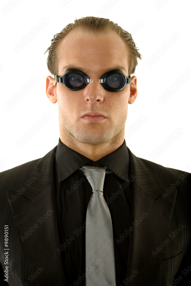 Ecstatic business person wearing goggles concept Ecstatic business person wearing goggles concept
