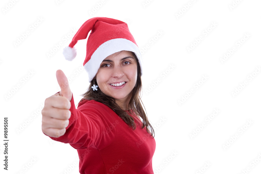 beautiful santa woman in red costume with thumbs up beautiful santa woman in red costume with thumbs up