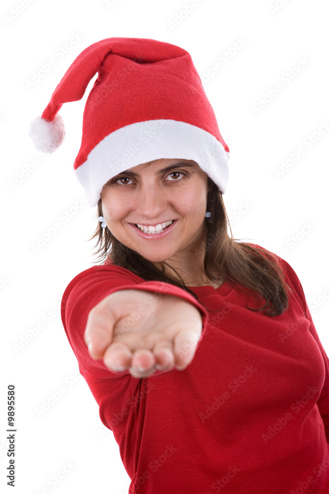 beautiful santa woman in red costume showing her hand beautiful santa woman in red costume showing her hand
