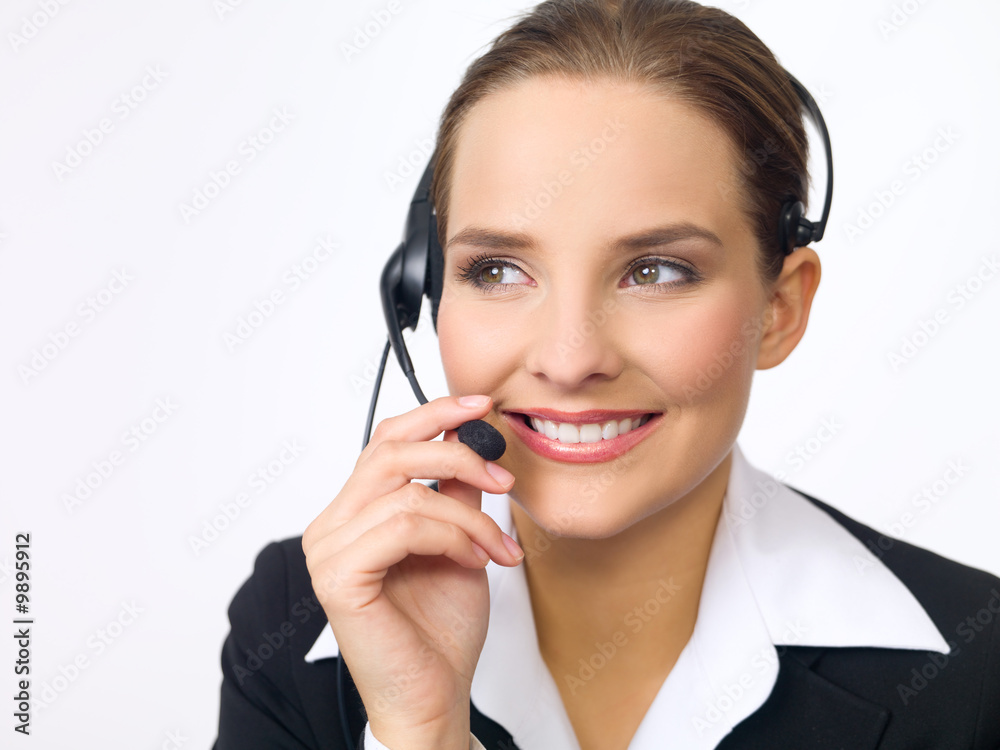 Portrait of beautiful and young business woman with headphones Portrait of beautiful and young business woman with headphones