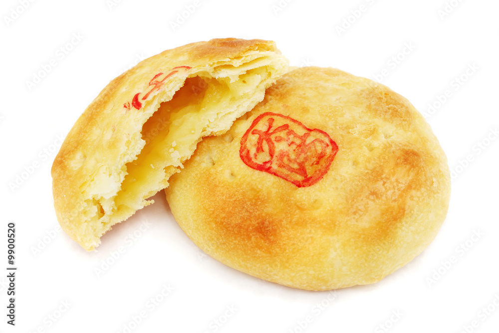 Close up of Chinese cream pastry isolated on white background.