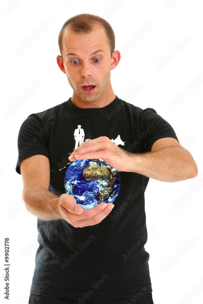 young adult holding the world in her hands isolated on white