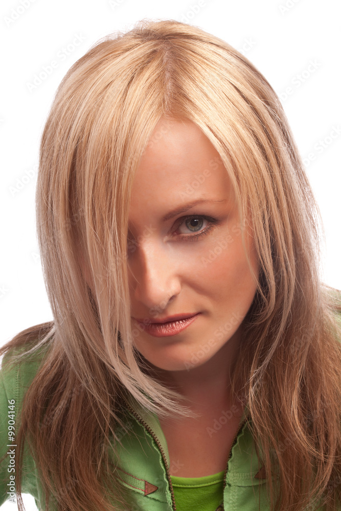 Serious female looking with certain tension, isolated Serious female looking with certain tension, isolated