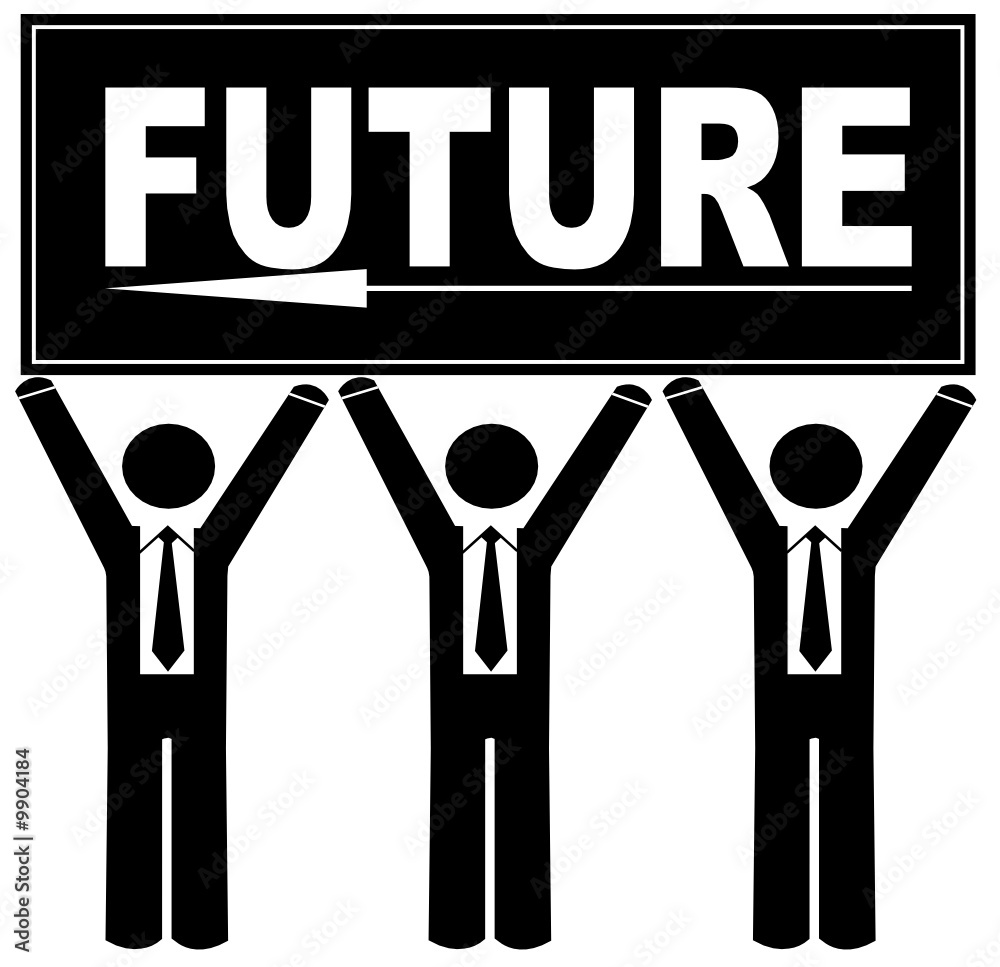 team of business men holding sign pointing to the future team of business men holding sign pointing to the future