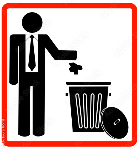 business man throwing garbage in trash can - no littering